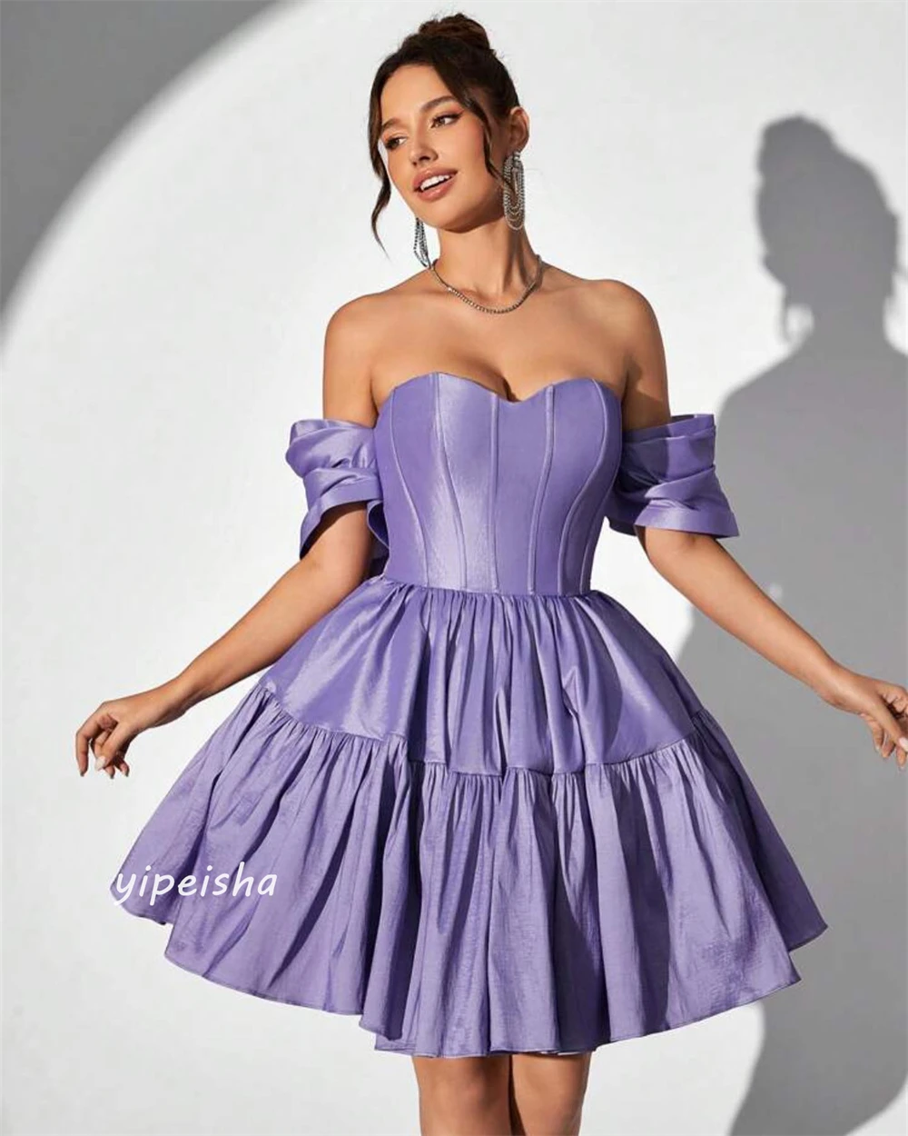 Satin Draped Pleat Ruched Prom A-line Off-the-shoulder Bespoke Occasion Gown Knee Length Dresses