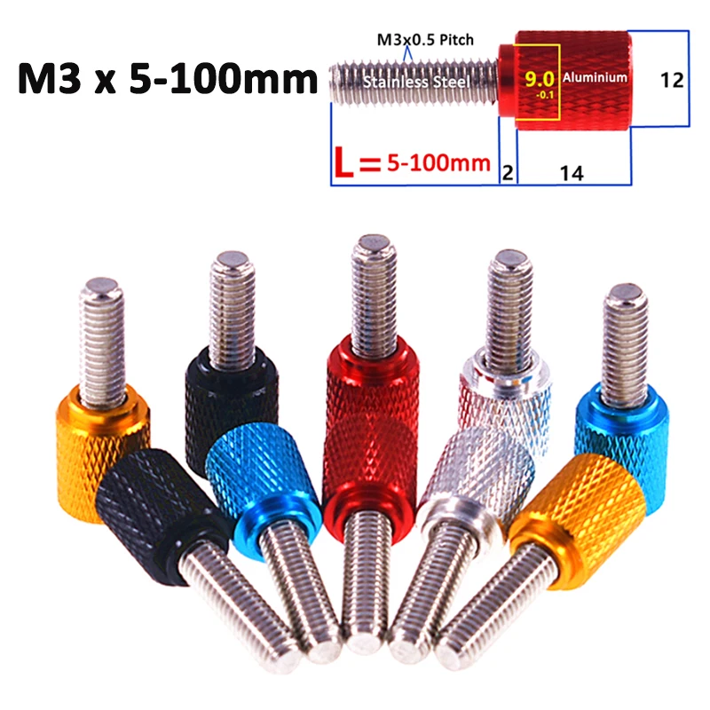 1pc M3x5/8/10/12/15/18/20/25/30/35/40-100mm Colorful Aluminium Alloy Stainless Knurled Thumb Screw Hand Grip Knob Bolt Anodized