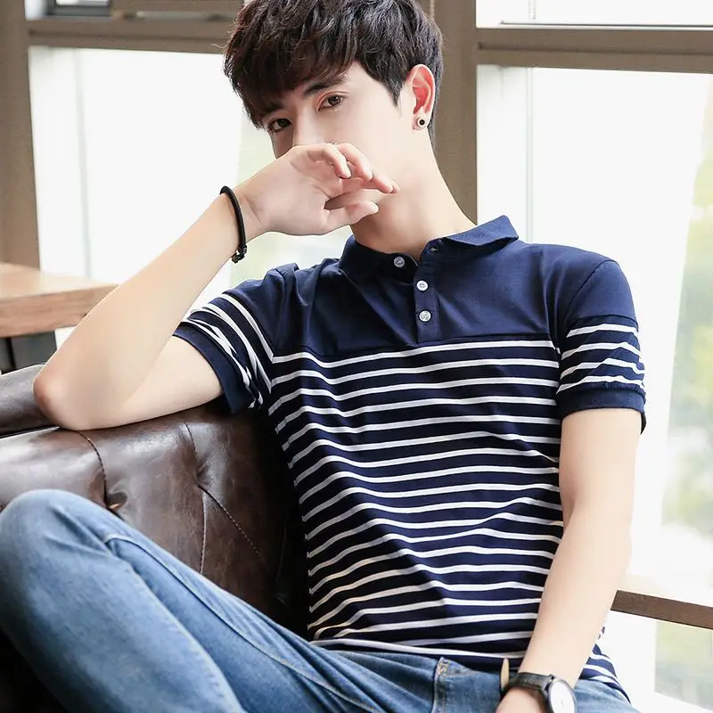

Men's Summer Cotton Polo Shirt Fashion Turn-Down Collar Contrast Stripe Korean Style Short Sleeve Tops