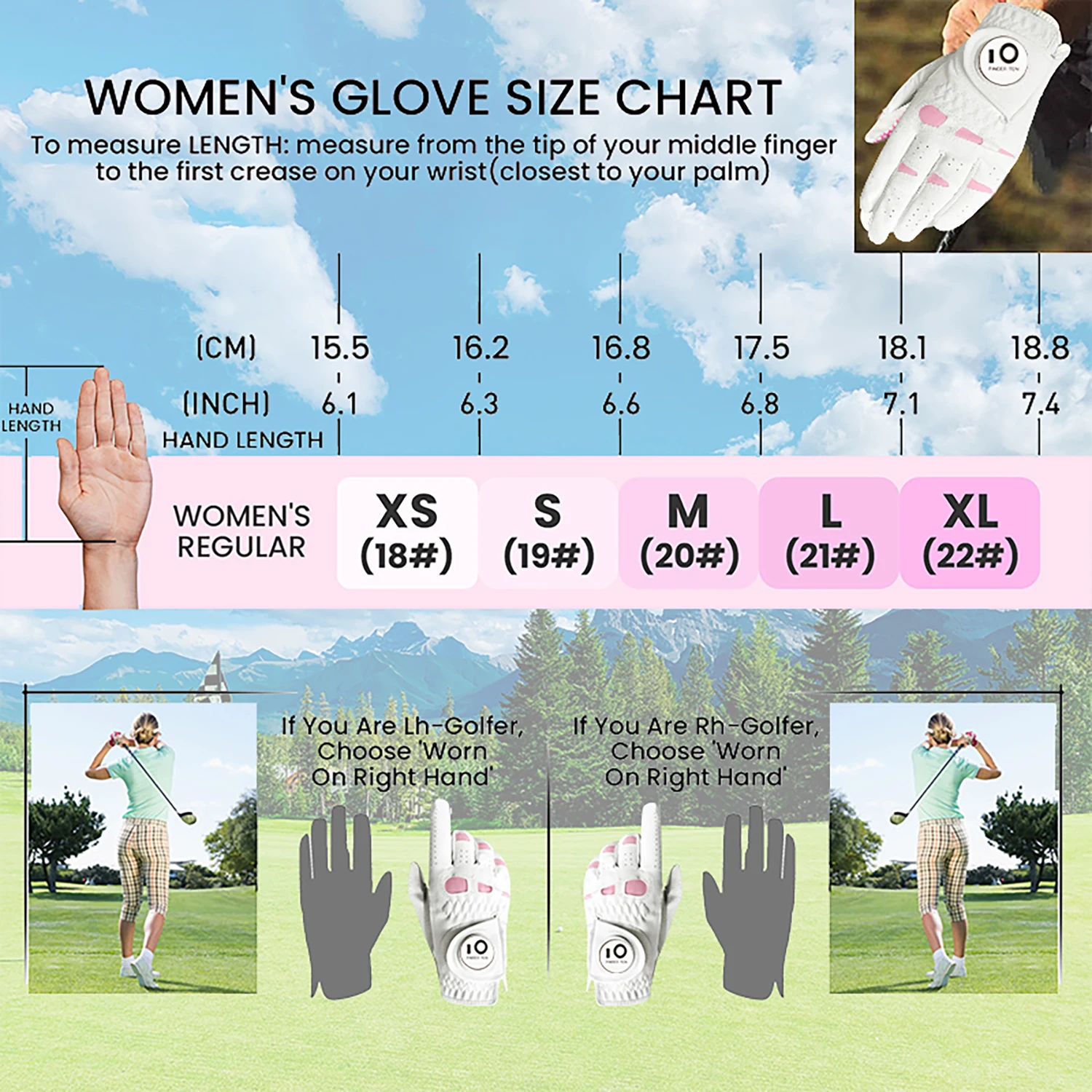 FINGER TEN Women Leather Golf Glove with Ball Marker Extra Grip 1 Pack, Left Right Hand Fit Ladies Girls