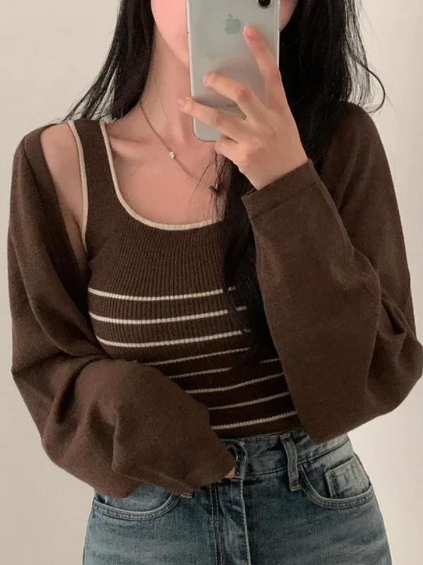 

Retro Knitted Vest Women's Top + Outer ort Cardigan Two-Piece Set Chic Autumn New Sle Splice Design ort Length Open Car...