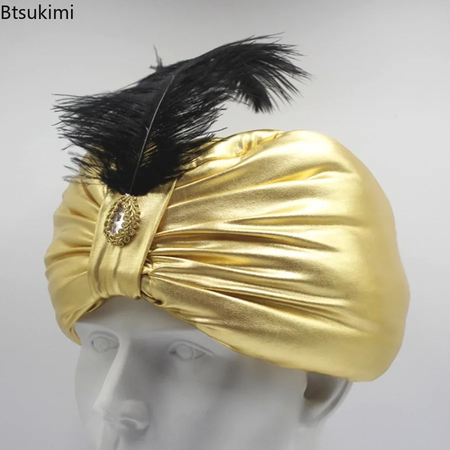 Gold Sultan Turban Hat Feather Elegant Arab Indian Head Wrap Men Women Cosplay Theme Party Stage Performance Costume Accessory