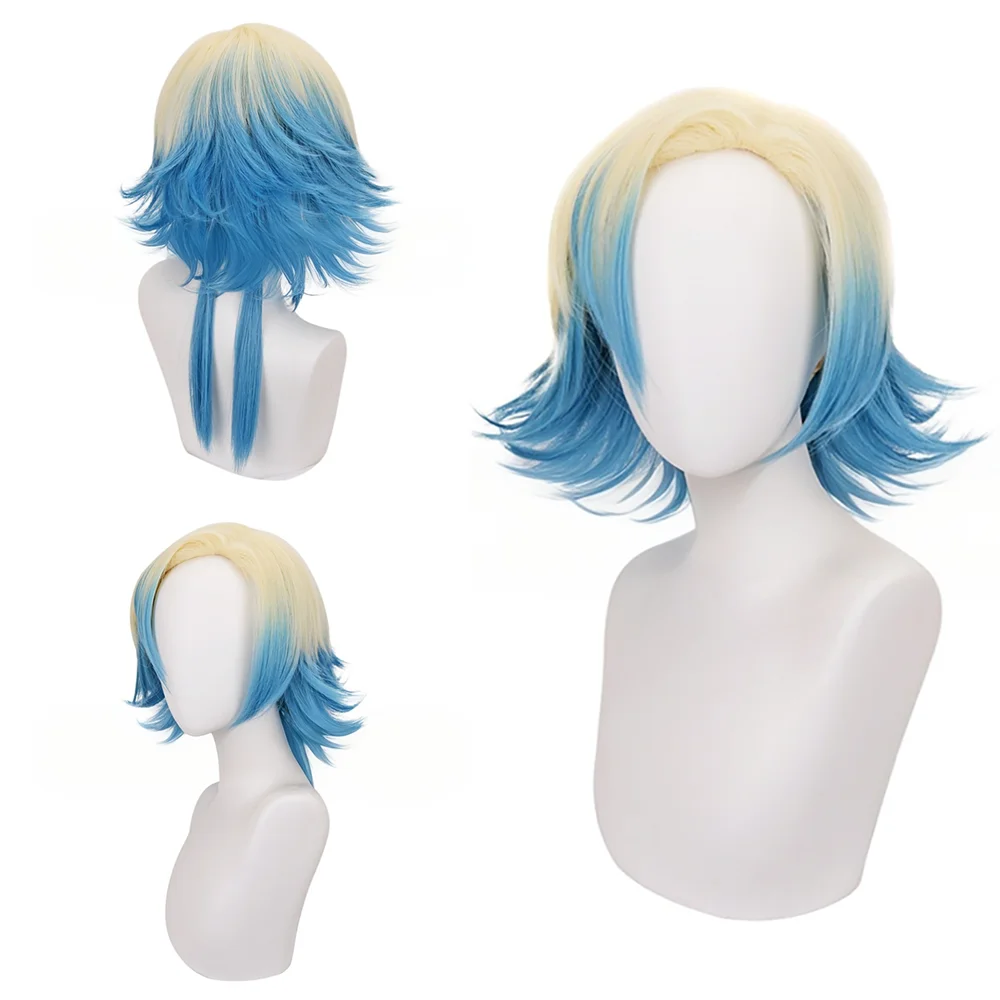 

Blonde Blue Ombre Anime Michael Kaiser Cosplay Wig Short Spiky Layered Heat Resistant Synthetic Wig For Halloween Party Daily