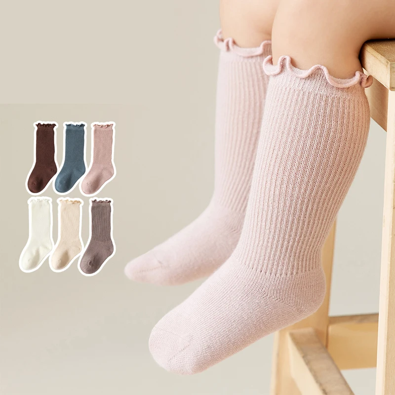 Calcetines hasta la rodilla de algodón para bebé recién nacido, Color sólido, con volantes, para niño y niña