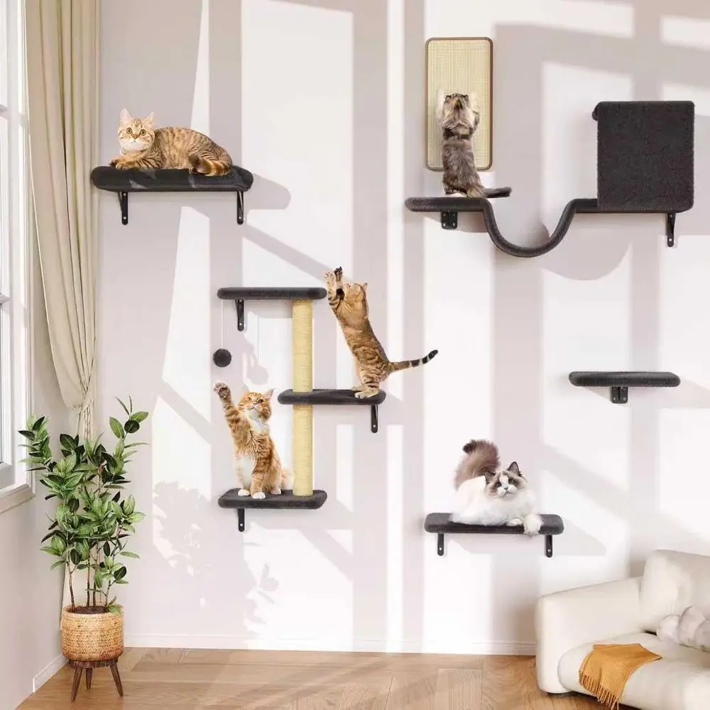 6-in-1 Wall-Mounted Cat Climbing Set for Heavy Cats, Stable Wooden Wall Shelves with Scratching Post, Black