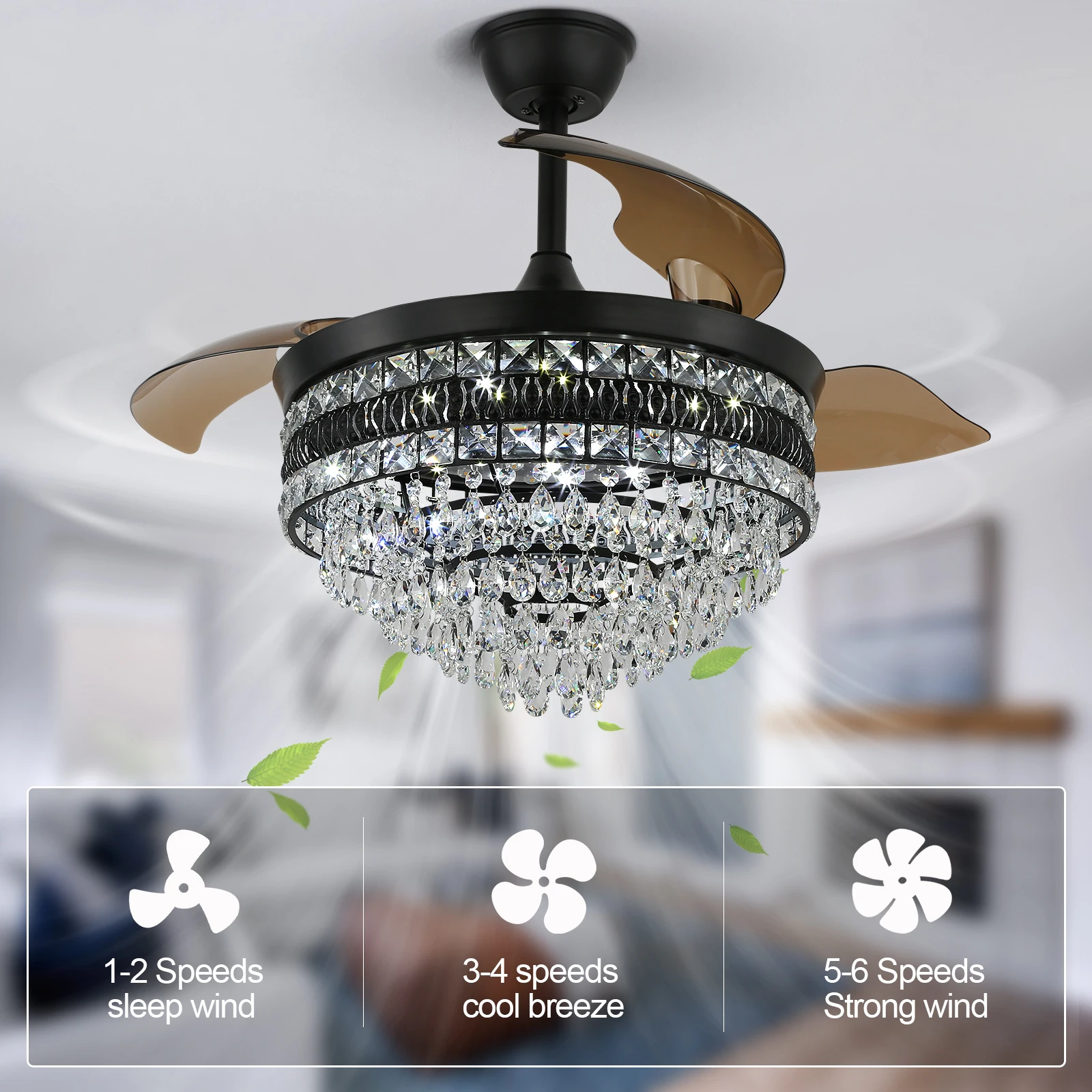 Modern Smart Ceiling Fan Chandelier Gold RC Adjustable 6 Speed Pendant Light Luminaire Bedroom 3 Heads Led Fandelier Lamp Indoor