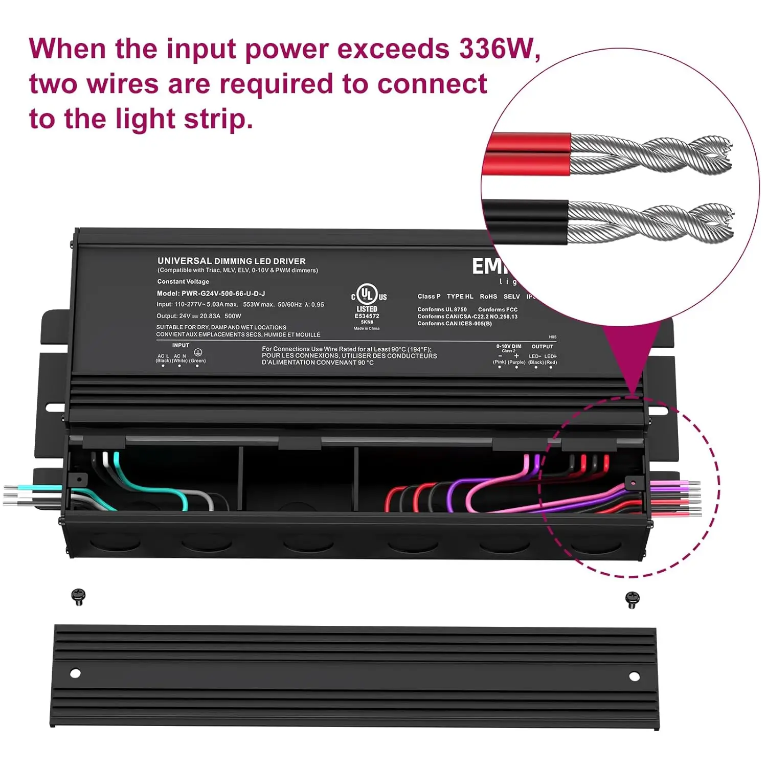 Led Driver, 500W AC 110V-277V to DC 24V Transformer, 5-in-1 Dimming:  0-10V / 1-10V / 10V PWM/P