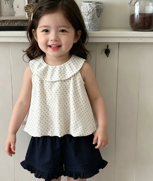 Girls Set 2026 Spring and Summer New Children's Clothing Korean Style Girl Baby Flower Sleeved Lotus Collar Top Shorts Two Sets