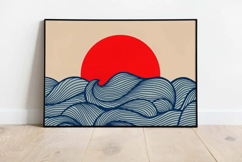 Moderne abstrakte Sonnen- und Meereslandschaft-Leinwandkunst, ungerahmt, minimalistische horizontale Leinwanddrucke für die Wanddekoration im Wohnzimmer
