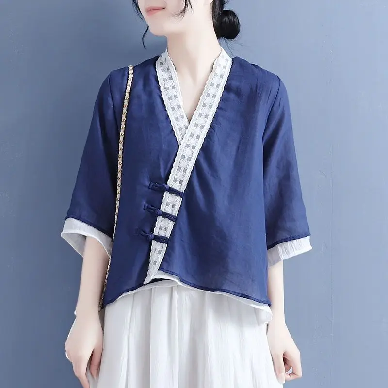 Chinese Women Linen Cotton New Chinese Slant Collar Summer Literary Retro Frog Button Embroidery 3/4 Sleeve Blouse Ethnic Style