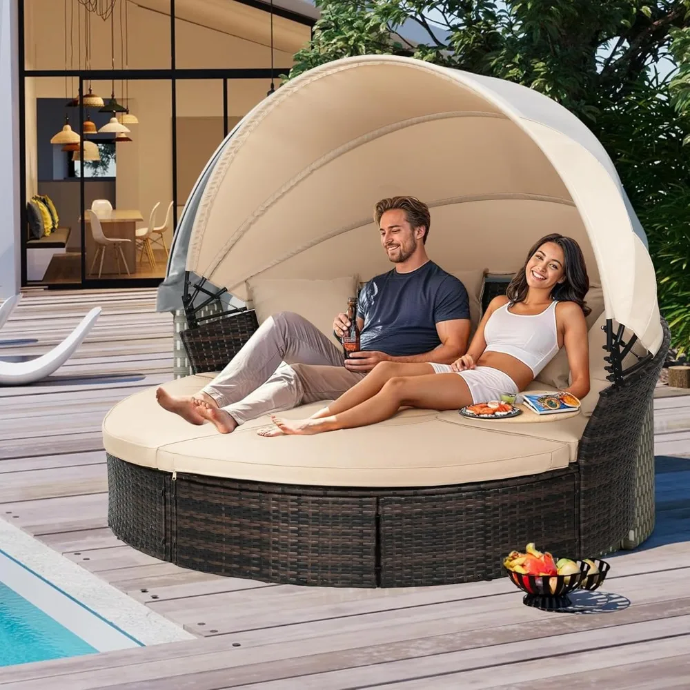 

Round Patio Daybed with Retractable Canopy - Outdoor Adjustable Clamshell Sectional Seating, All-Weather Wicker Furniture with
