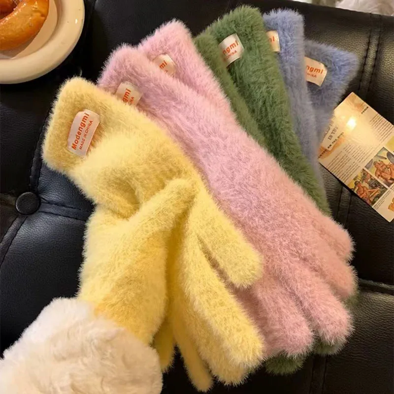 

Cute Plush Gloves Women's Winter Warm Anti-cold Long Gloves Mink Fur Touchscreen Compatible Snowy Outdoor Riding Casual Gloves