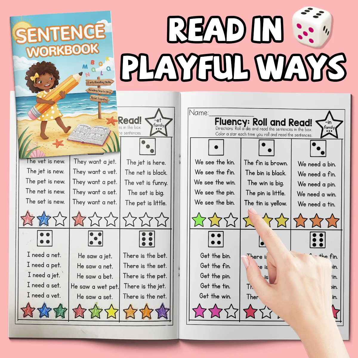 Reading fluency and pronunciation exercise book - Rolling and reading game activities to improve English sentence reading speed