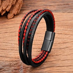 Black Red Splicing Leather Men's Bracelet Stainless Steel Premium Jewelry Friendship Bracelets for Men Women's Accessories