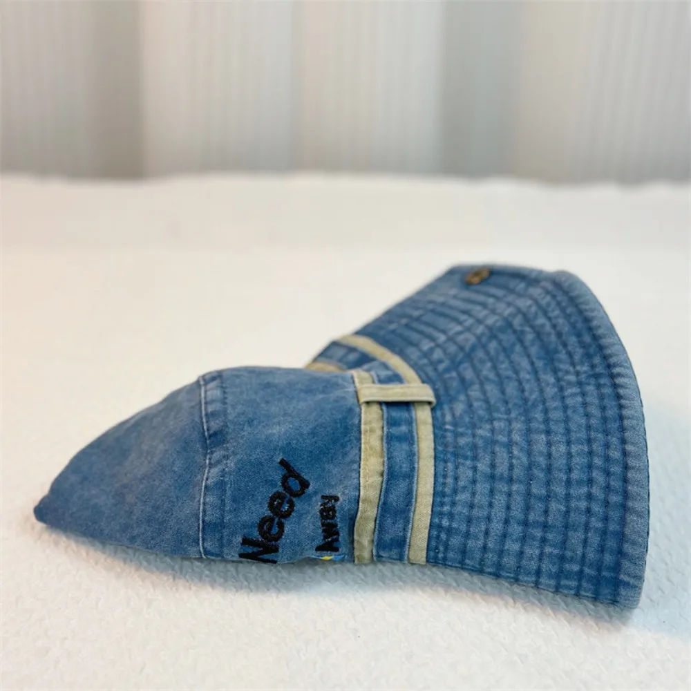 

Windproof Vintage Washed Denim Hat Wide Brim Letter Embroidery Fisherman Caps Sunscreen Drawstring Adjustable Sun Hats