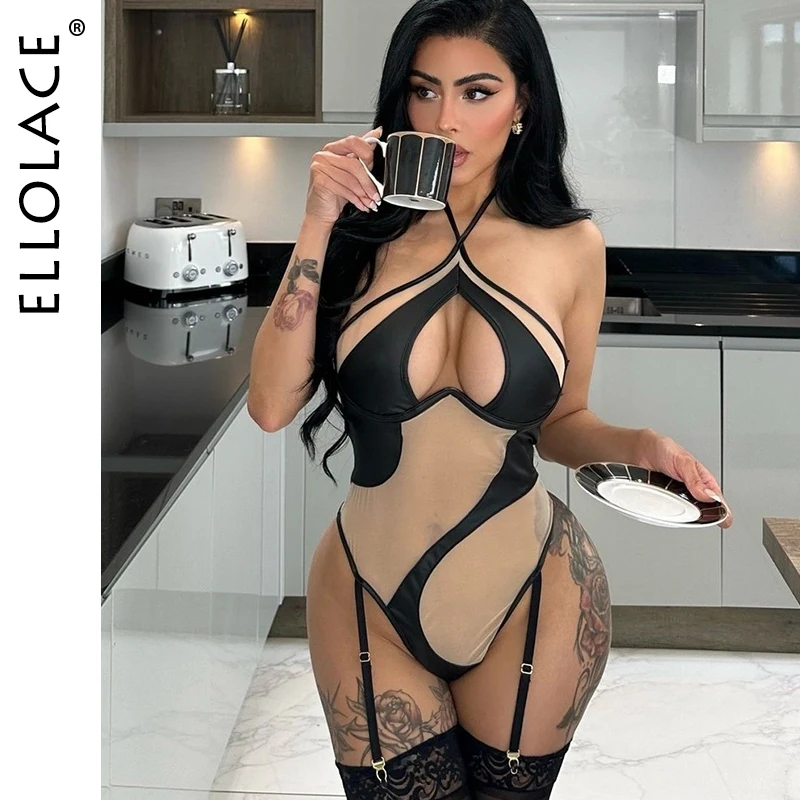 Ellolace halter látex bodysuit fetiche malha irregular retalhos sexy topos crotchless corpo preto pvc varanda sutiã sedutor teddy