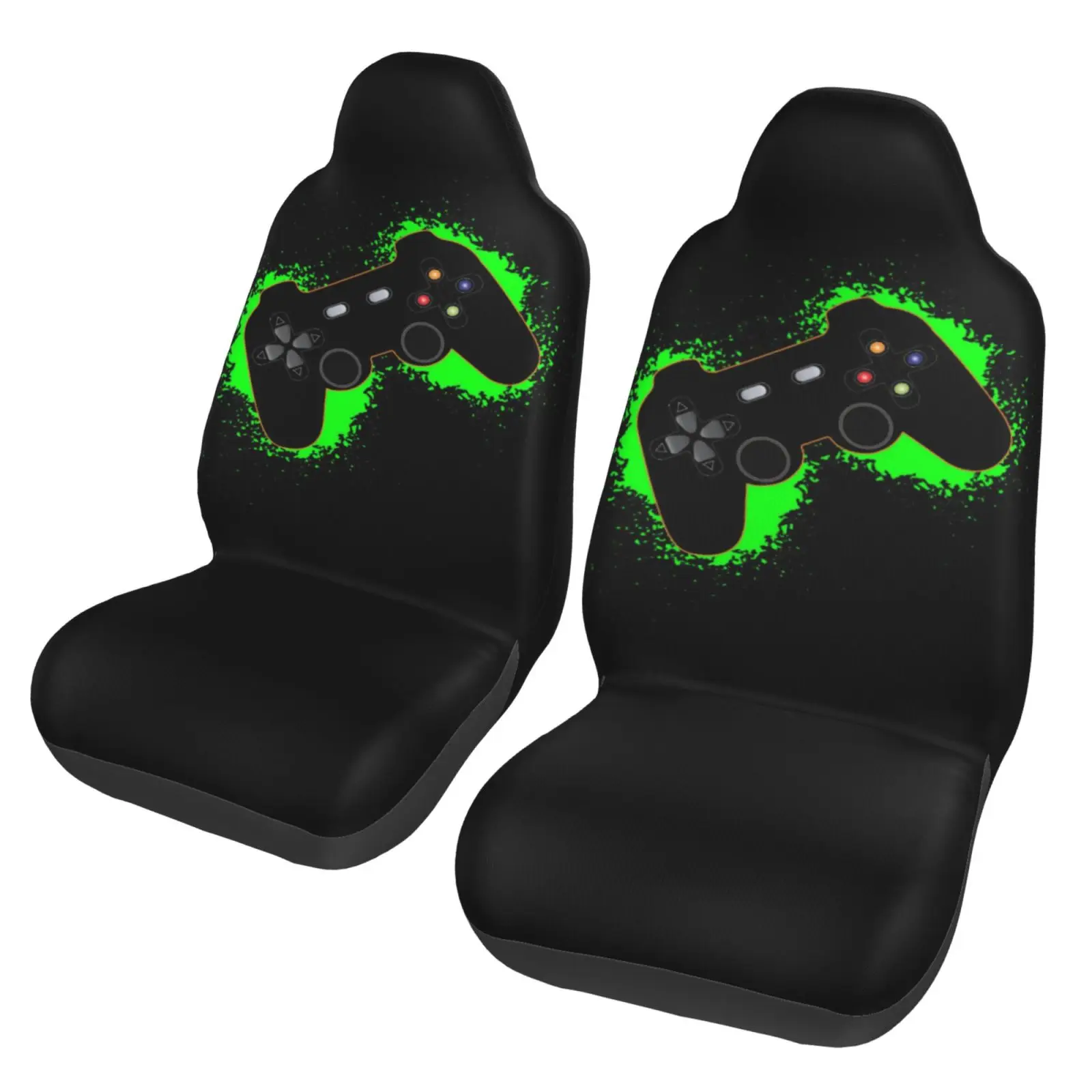 Green Black Gaming Controller Orange Outline Car Seat Cover 2pcs Printing Universal Front Protector Accessories Cushion Set