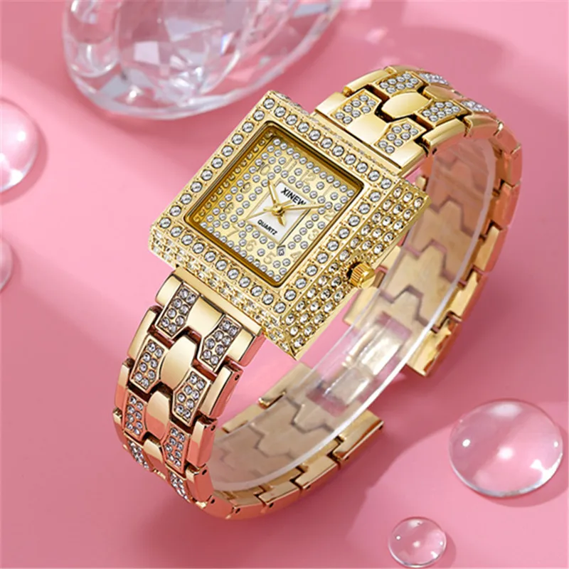 Genuíno xinew 2426 marca designer relógios para mulheres hip hop diamante dourado luxo data relógio de quartzo relogios femininos moda