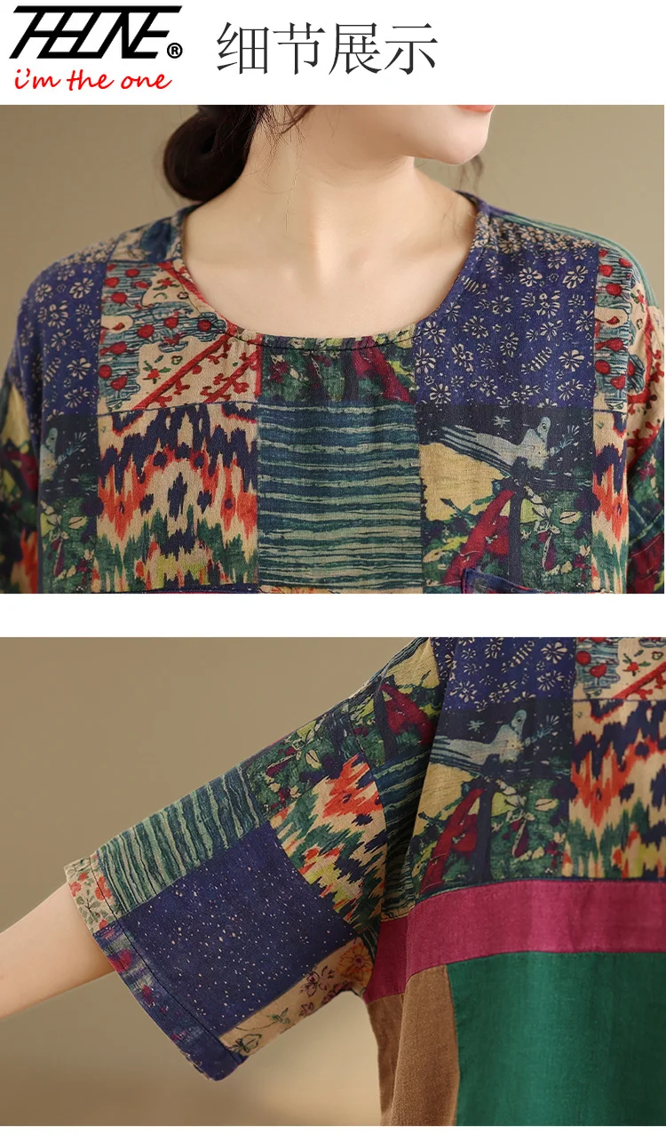 THHONE Plus Size Fashion Summer Woman Blouse Cotton Linen Casual Loose Print Patchwork O-Neck Vintage Indie Folk Oversized Top view 4