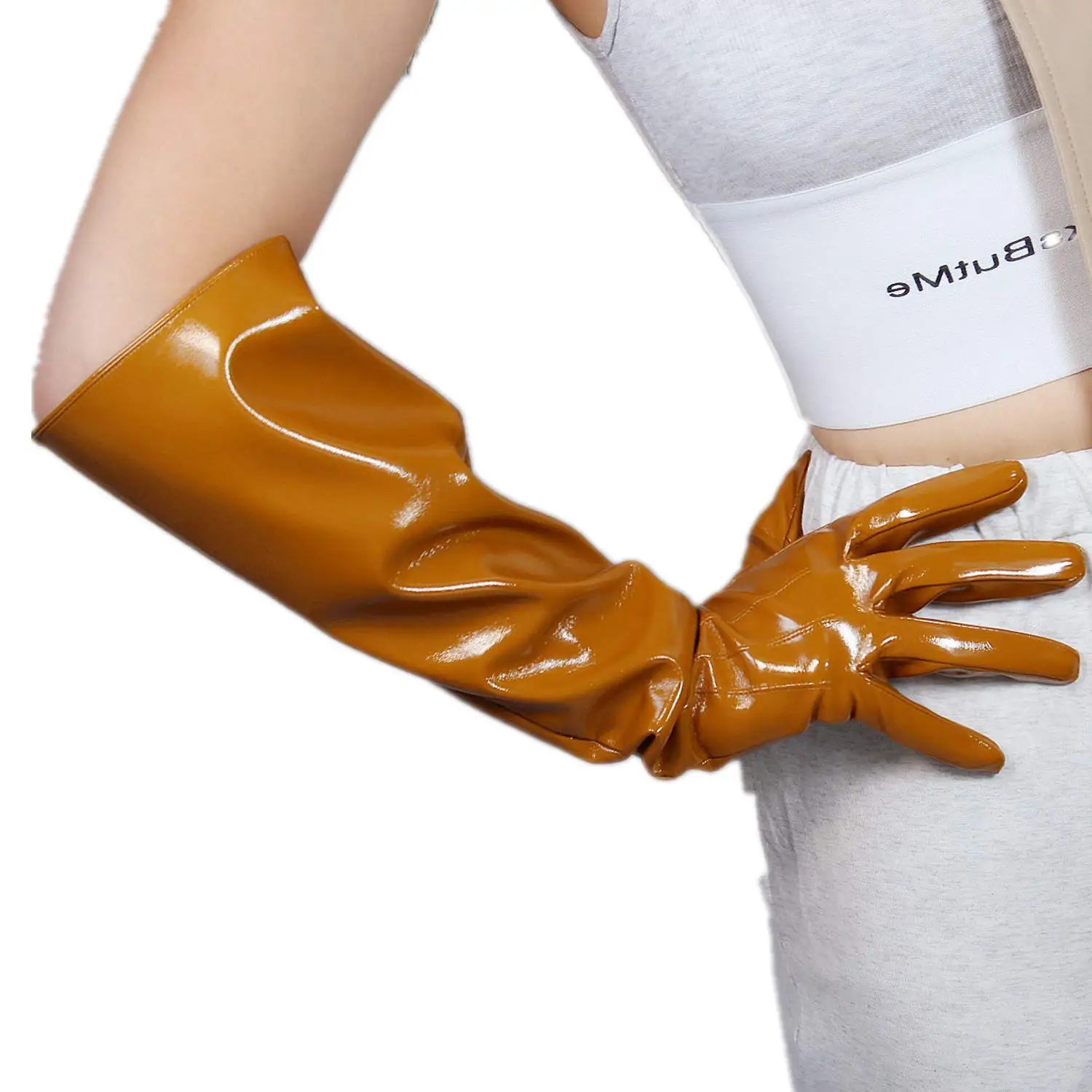 Unisex Brown Patent Leather GLOVES Oversized PUFF SLEEVES 50cm Over Elbow Long Evening Opera Fashion Halloween Cosplay Glove