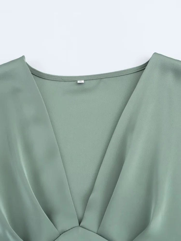 เดรสผ้าไหมซาตินทรงเข้ารูป คอวี แขนสั้น ดีไซน์จีบระบาย สไตล์ลำลอง สำหรับผู้หญิง ฤดูใบไม้ผลิ/ฤดูร้อน