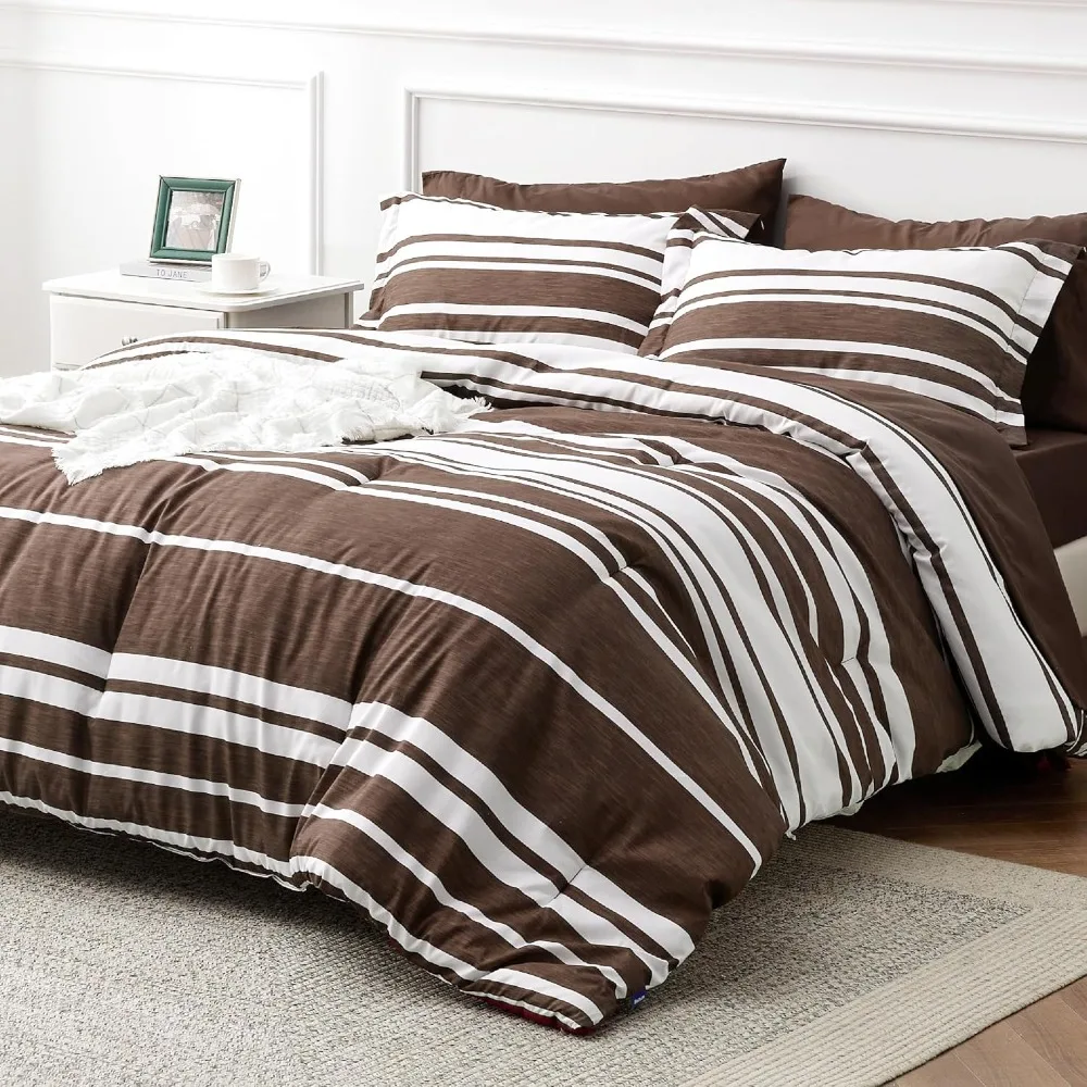 Bed Sheet 7-Piece Brown White Striped Bedding Comforter Sets, All Season, 2 Pillow Shams, Flat Sheet, Fitted Sheet, Bedspread