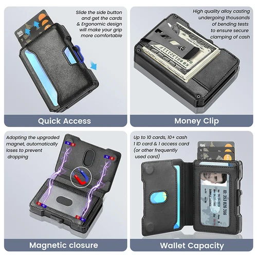 Imagen 2 del producto Cartera minimalista para hombre con clip para billetes, tarjetero emergente de aluminio y ranuras de cuero, tarjetero con bloqueo RFID