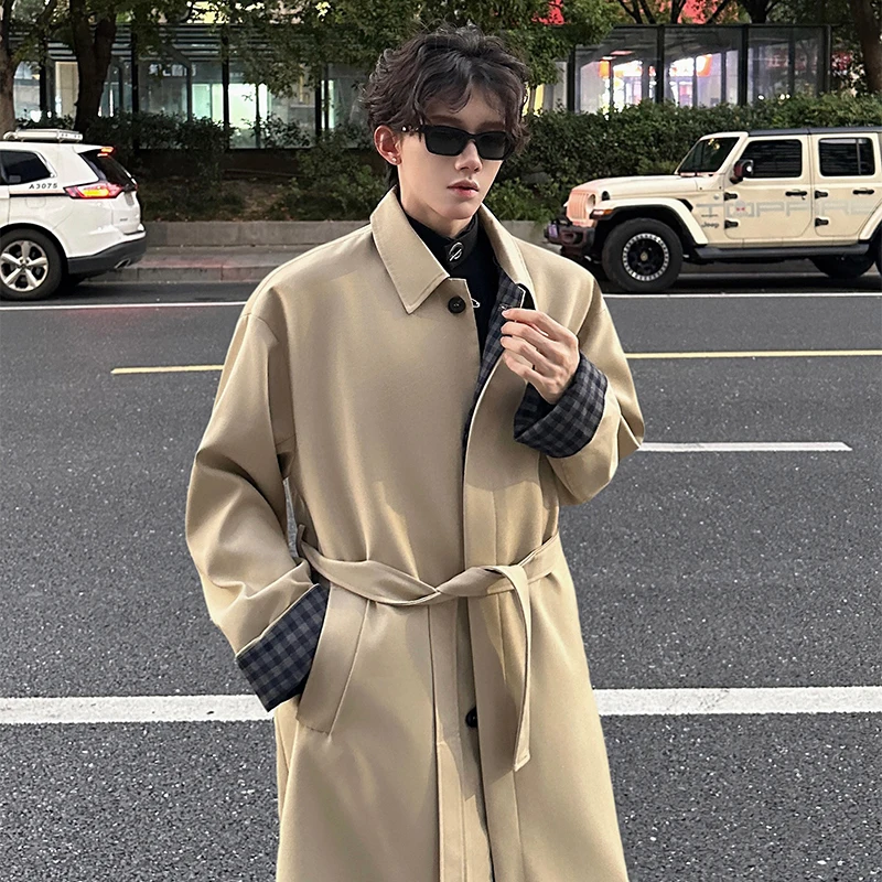 

trench Men's medium long wind coat Personalized cuff2025 Autumn New single-breasted windbreaker Casual Men windproof long coat