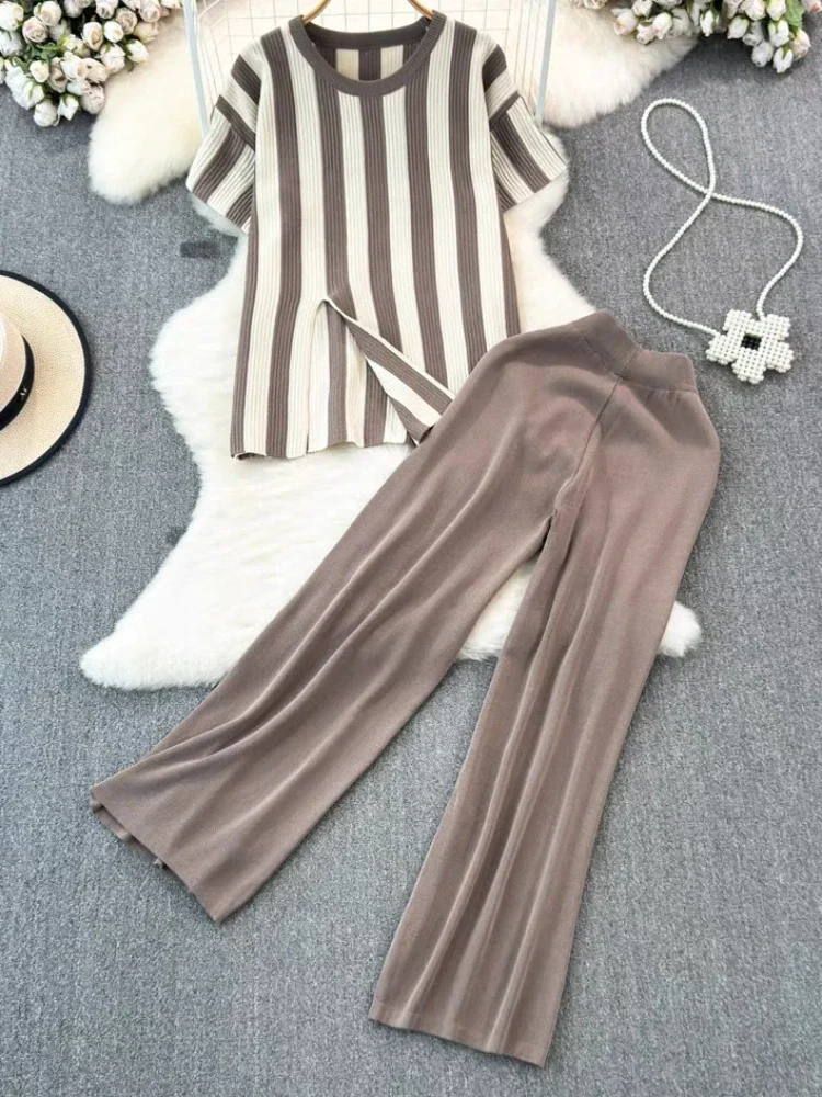 Long Pants Women Suit Short Sleeved Top Striped Casual Top Fashion Korean High Waisted Wide Leg Pants Female Clothing Summer