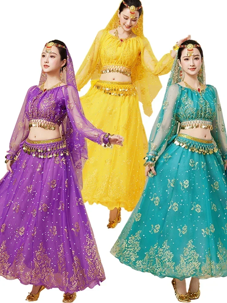 Costume de danse Bollywood pour femmes adultes, vêtements de spectacle de danse du ventre orientale, ensemble haut et jupe à manches longues en mousseline de soie 120D