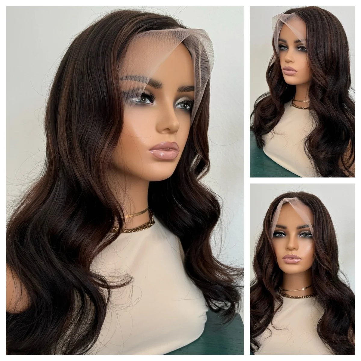 

Natural Hair Woman Wig Brown Mixed Black Synthetic Futura Fibre Wigs Heat Resistant Fiber Body Wave Wig