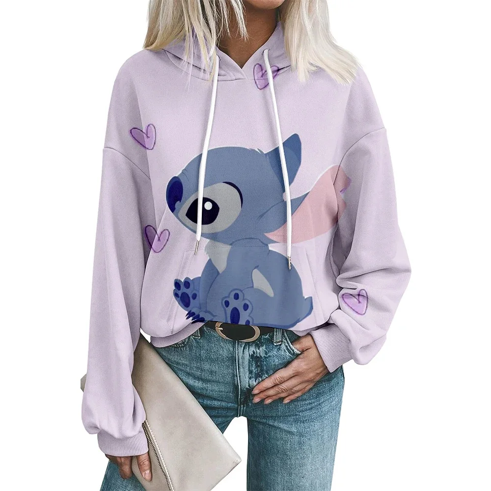 Sweat à capuche de loisirs pour femmes, ample et confortable, imprimé Disney Stitch, manches longues, col rond, pull de rue, nouvelle collection automne hiver