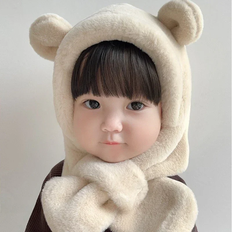

Winter Baby Hat Scarf One-Piece Faux Fur Kids Hats Cartoon Bear Warm Neck Ear Cap for Boys Girls Windproof Beanies Infant Stuffs