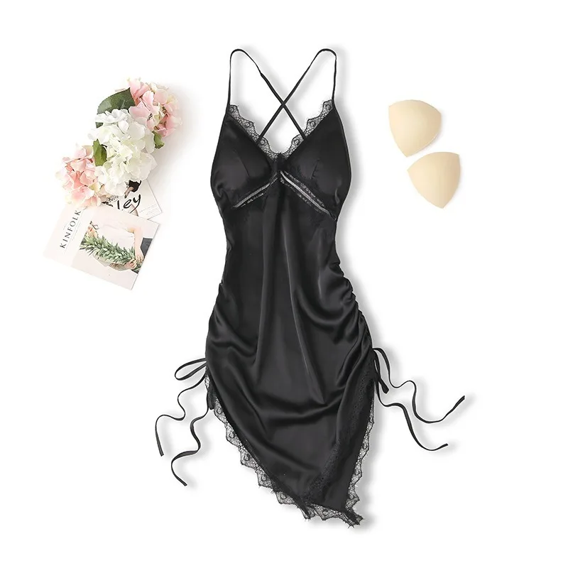 

2025 Spring Summer New Style Sexy Nightgown Ice Silk Irregular Drawstring Deep V Women's Lightweight Nightgown Night Dress