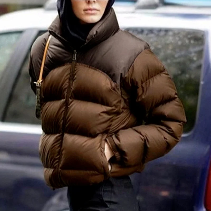 Winter En Herfst Vrouwen Bubble Jas Stand-Up Kraag Contrast Stiksels Slim Afslanken Korte Dikke Donsjack Mujer parka