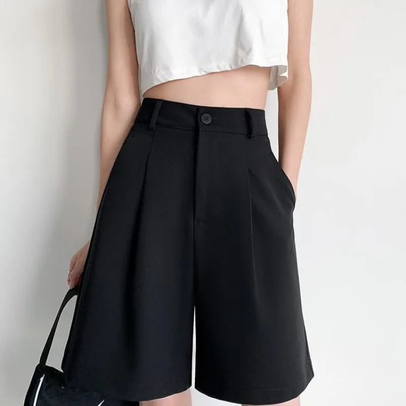Knee Length Suit Shorts for Women Summer Thin High Waisted A-Line Wide Leg Pants Woman Loose Black Straight Leg Short Shorts