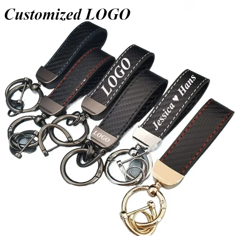 Custom LOGO High-end Carbon Fibre Leather Car Keychain Personalized Keyring Men and Women Laser Engrave Key ChainGift Wholesale