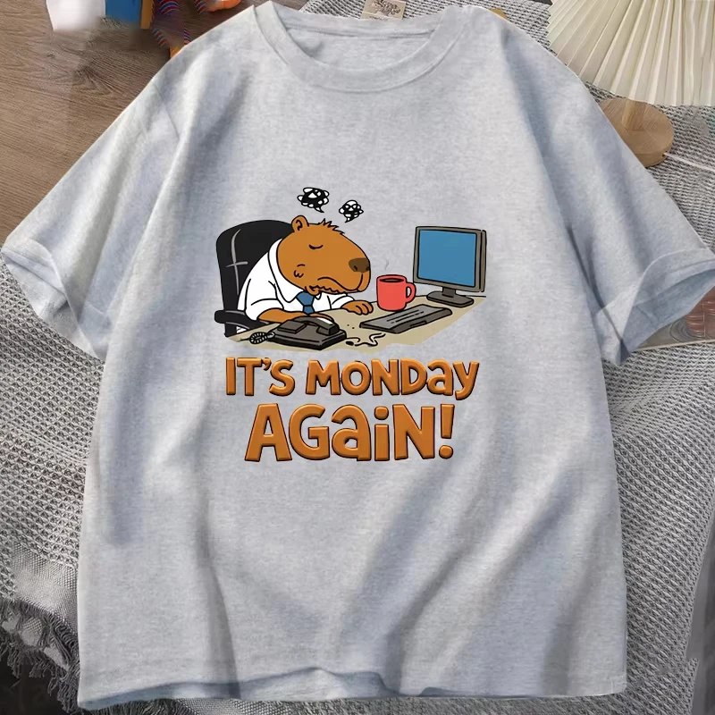 2026 Funny Capybara It's Monday Again Print T-Shirt Men Women Loose Short Sleeve Round Fashion Casual Men Women Oversize T-shirt