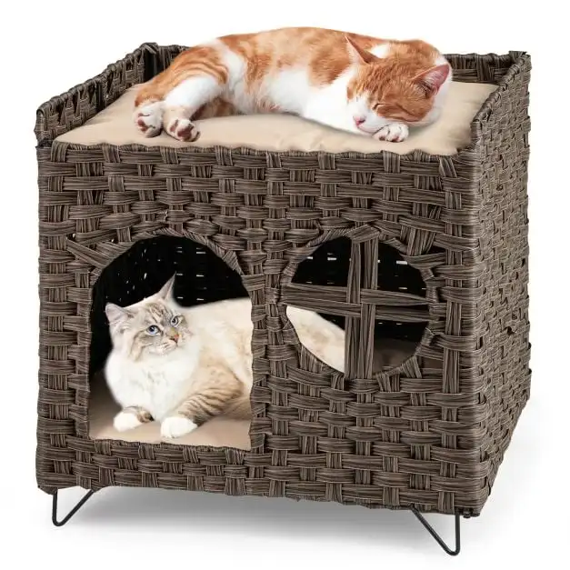 Opvouwbaar 2-laags rotan kattenhuisje van wilgenvlechtwerk, binnenhuisdierenmeubilair, bijzettafel - Bruin