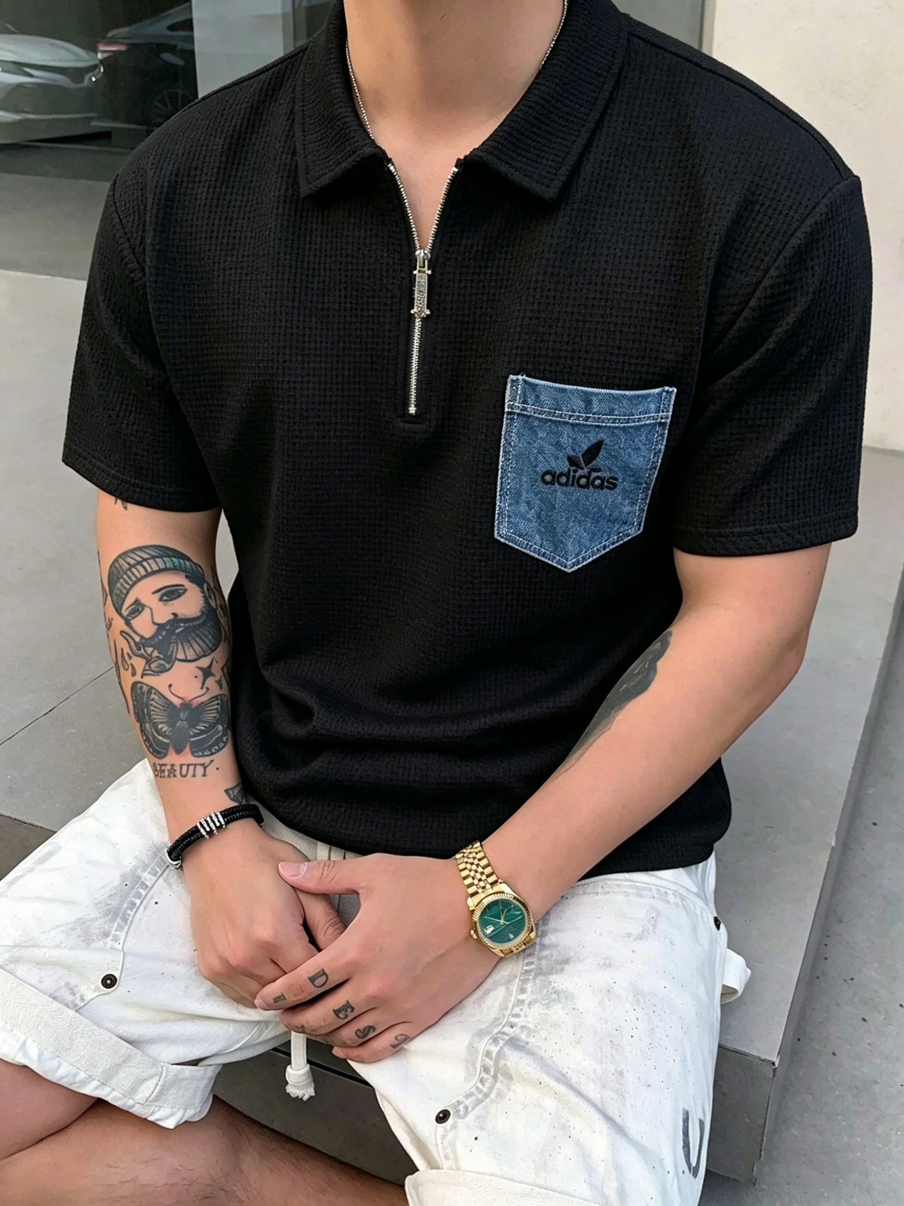 

European and American style men's waffle half zip polo shirt denim contrasting pocket short sleeved popular foreign trade item