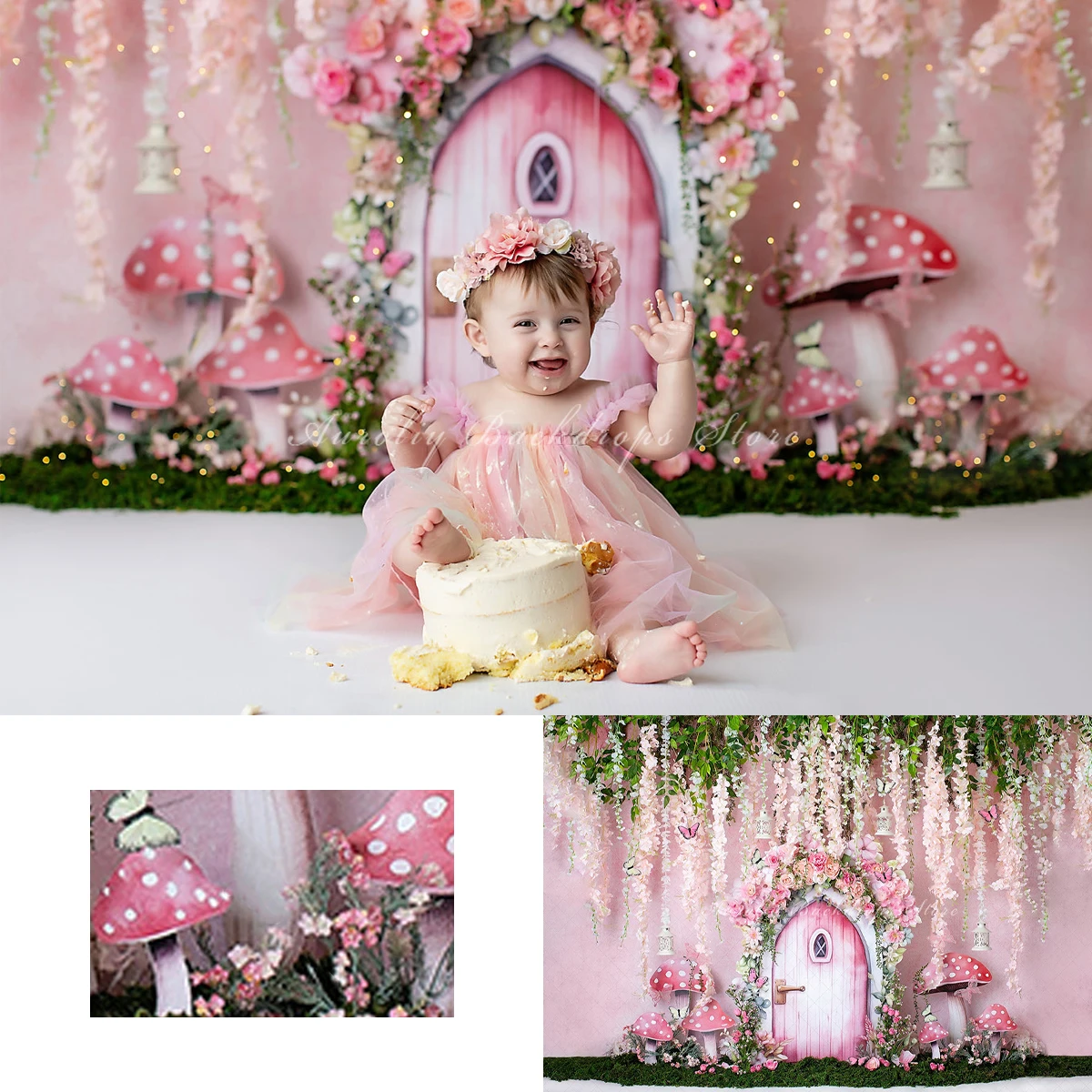 Floral Fairy Door Backdrops Cake Smash Kids Baby Photography Prop Child Adult Decors Jungle Hut Mushroom Photo Backgrounds