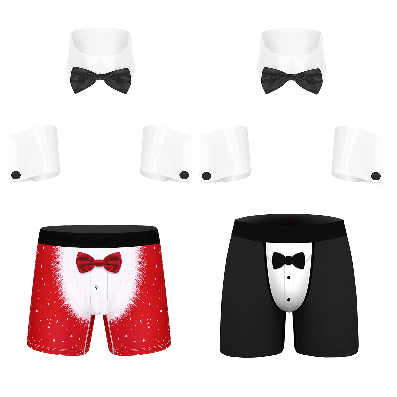 Conjunto de fantasia de Natal masculino, cintura elástica, short boxer estampado com gola e punhos, dramatização, festa temática, cosplay