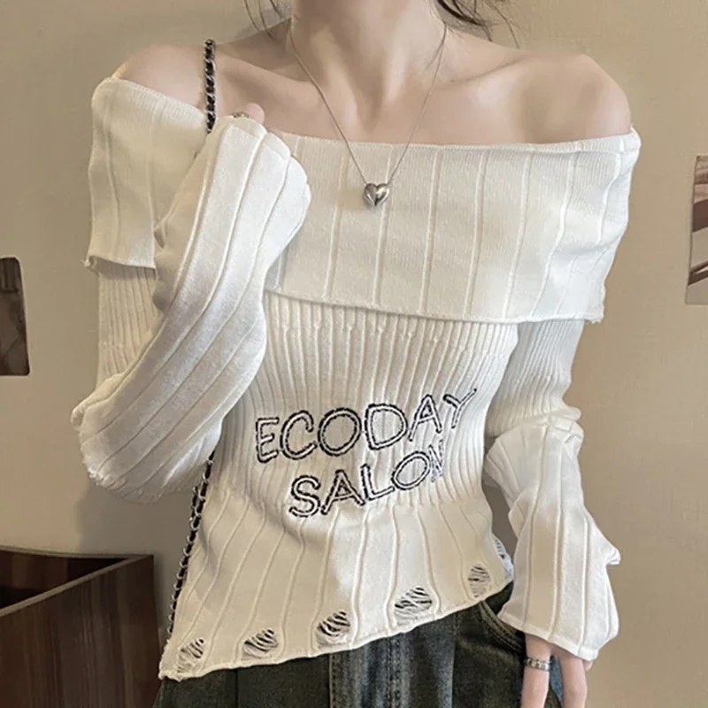 EVNISI Women Slash Neck Office Sweater Jumper Letter Printed Knit Sweaters Irregular Off Shoulder Sexy Pullovers Spring 2024