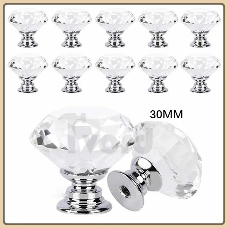 10Pcs/set 30mm Diamond Shape Design Crystal Glass Knobs Cupboard Drawer Pull Kitchen Cabinet Door Wardrobe Handles Hardware