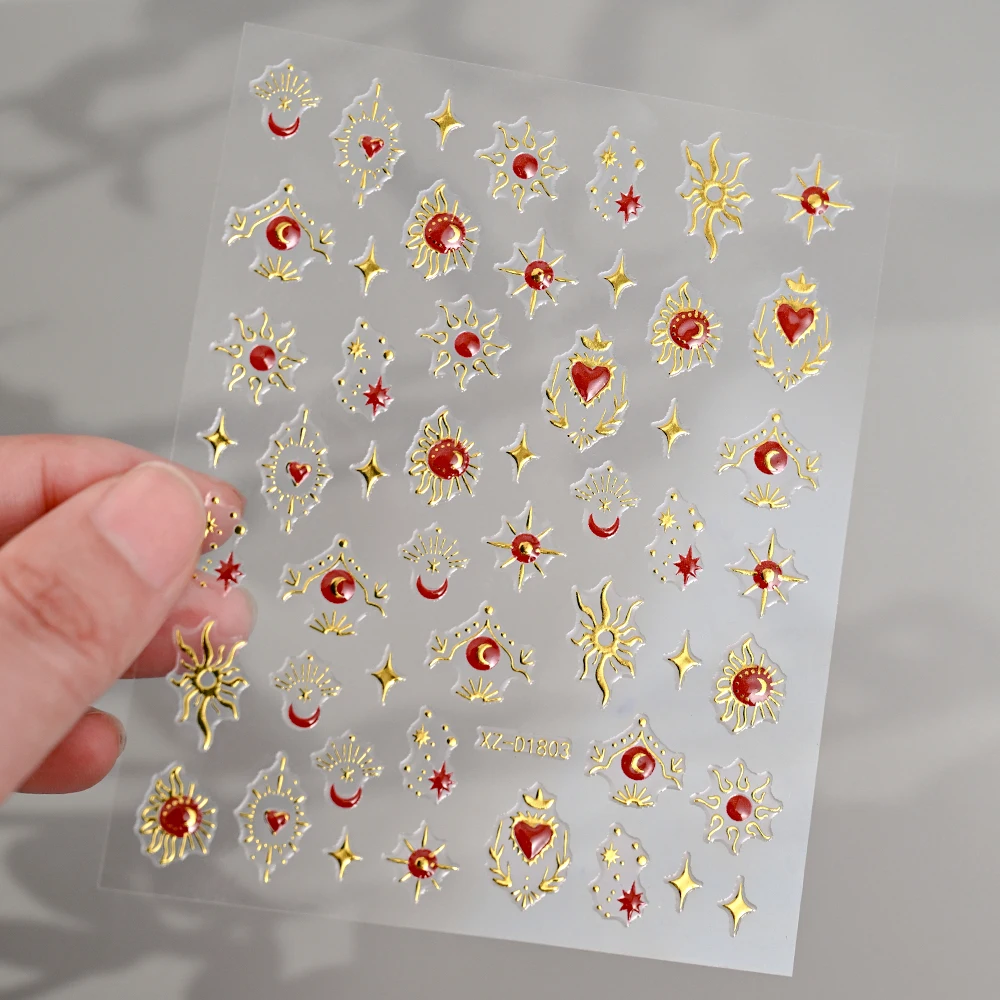 1 Uds. Pegatinas 5D metálicas doradas de amor/estrella/luna para decoración de uñas, gemas de corazón rojo bohemio, deslizador adhesivo, calcomanías de manicura para el Día de San Valentín *