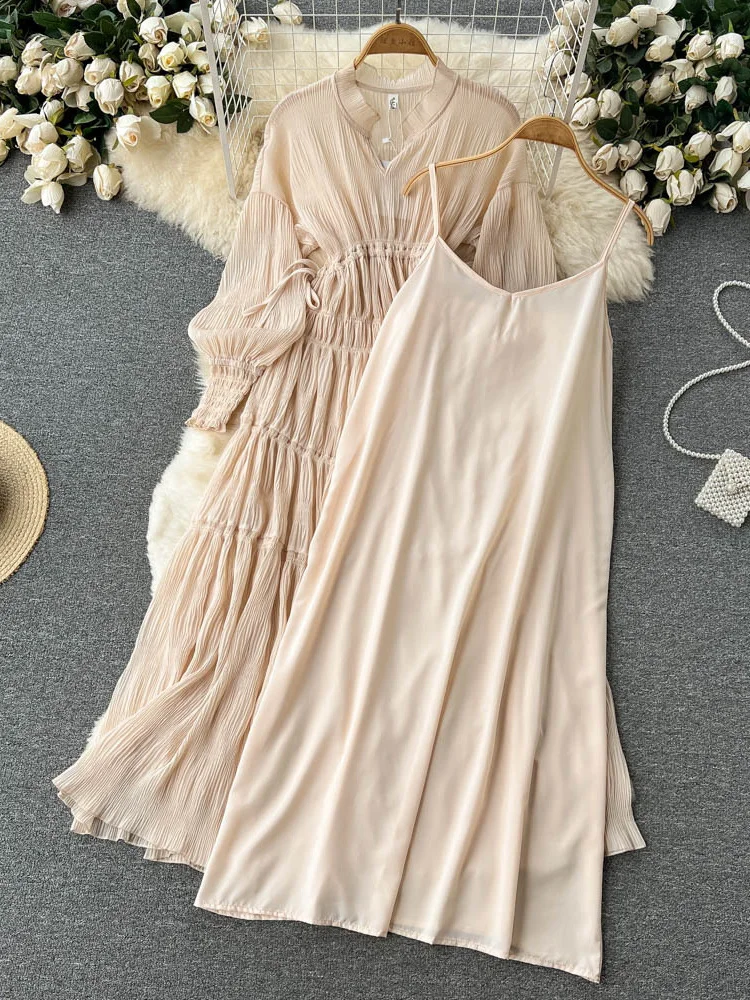 EWQ Sweet Style Y2K Long Dresse For Women Solid Color Pleated Long-sleeve High Waist A-line Dresses Autumn Autumn 2023 New 0950