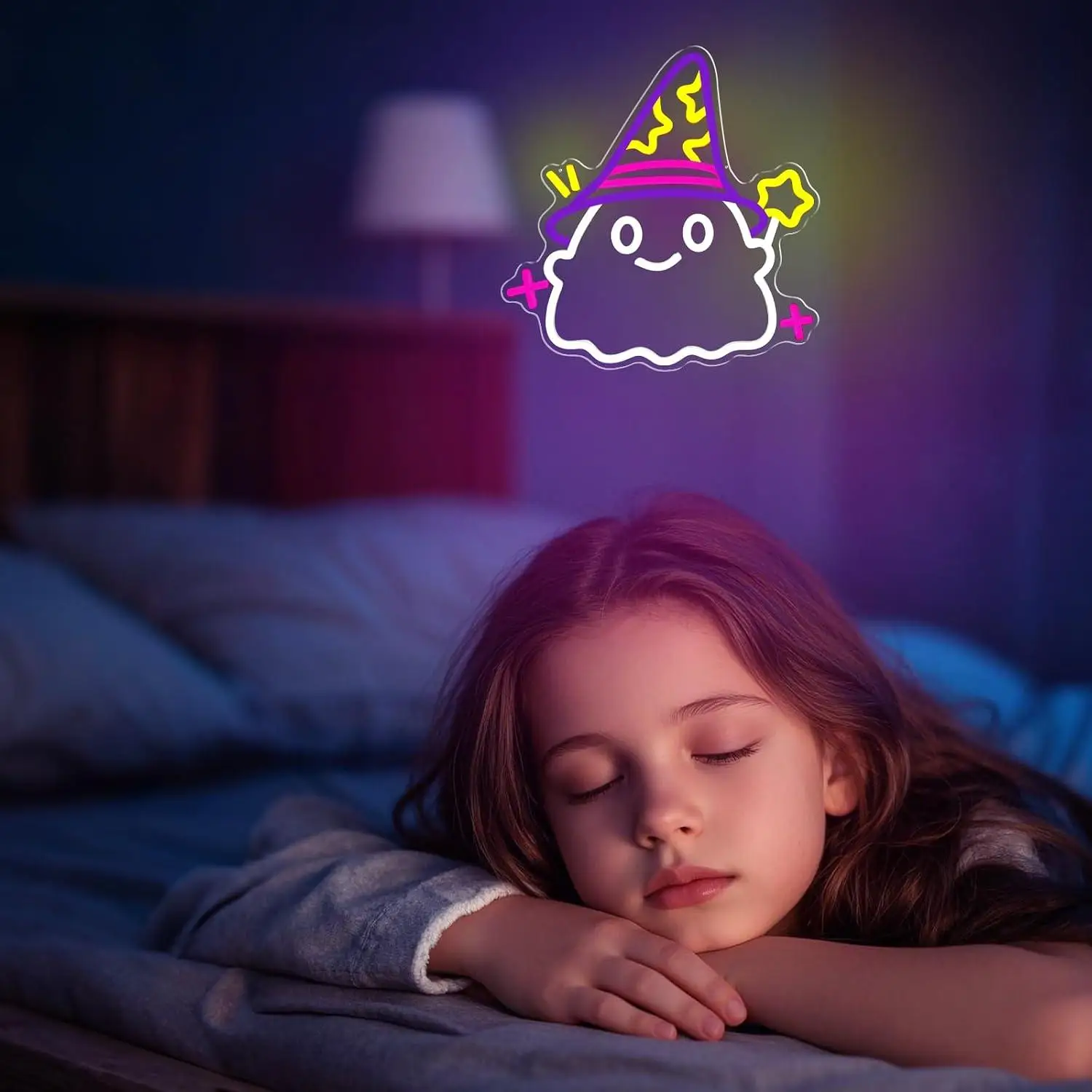 Witch Hat Ghost Neon Sign USB Dimmable LED Lights for Bedroom Game Room Party Spooky Wall Decor Holiday Gift for Children