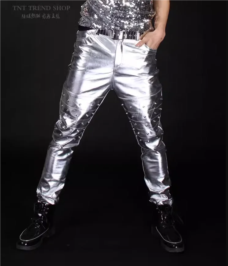 European and American style silver studded pants bar male and female singers stage performance costumes long pants