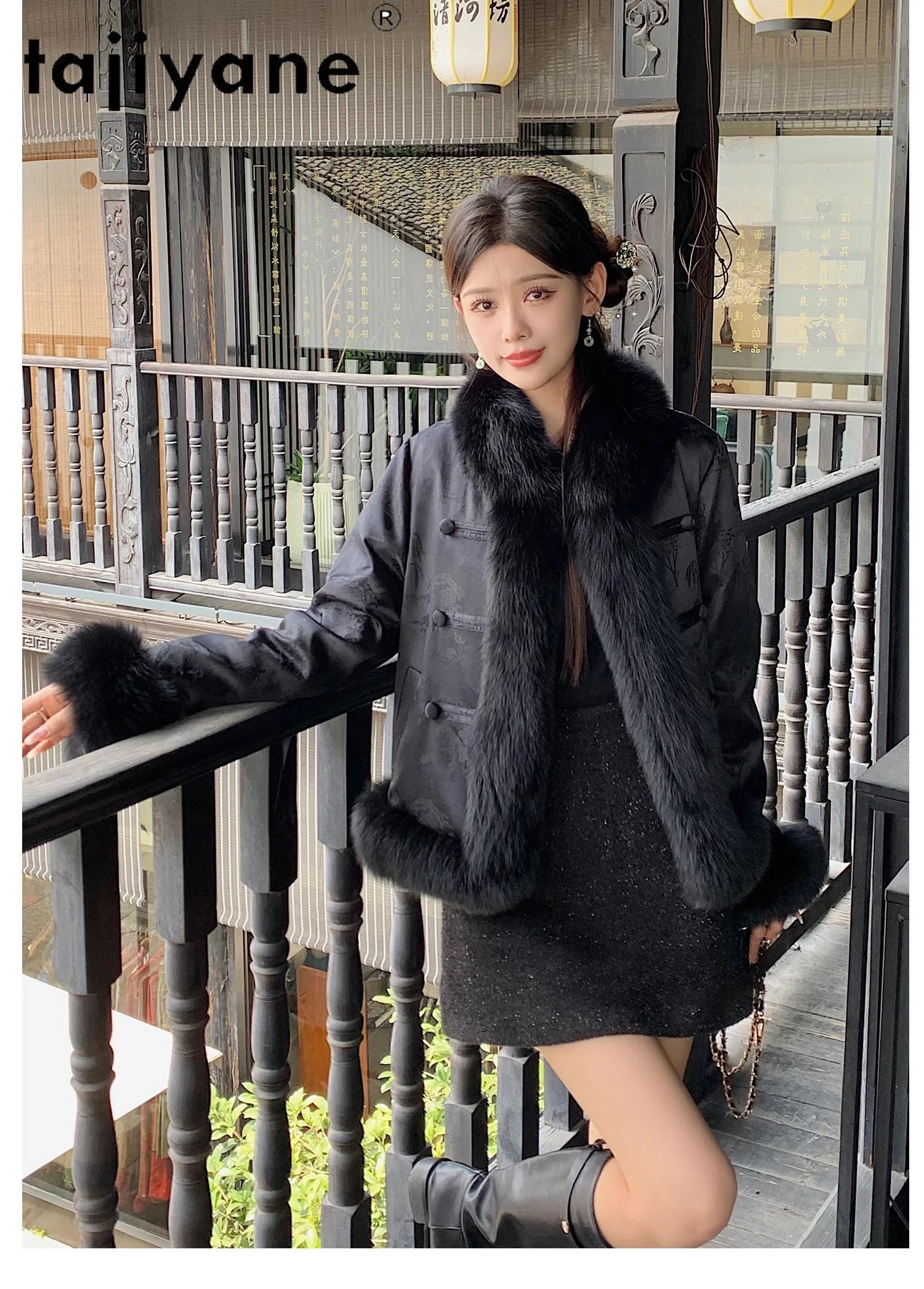 TAJIYANE التوت الحرير الثعلب الفراء سترة قصيرة المرأة أنيقة الأبيض أوزة أسفل معطف جديد النمط الصيني الشتاء ملابس حريمي 2025 روشوبا