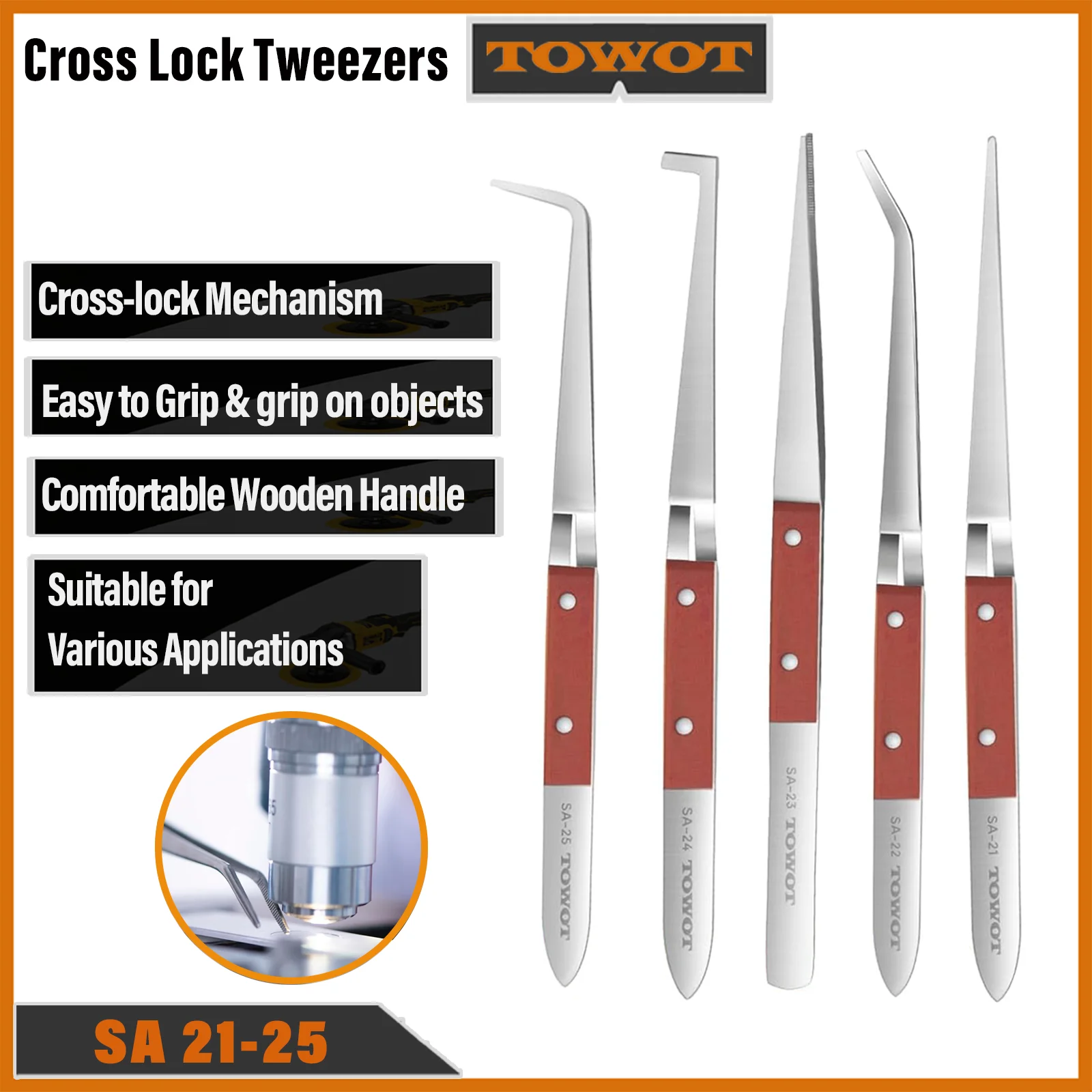 TOWOT Industrial Tweezers Cross Lock Fiber Grip Wood Handle Soldering Tweezer, Precision Pick-Up Tool 6-1/2\